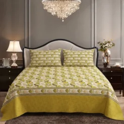 Mustard Olive Floral King Size Printed Bedsheet