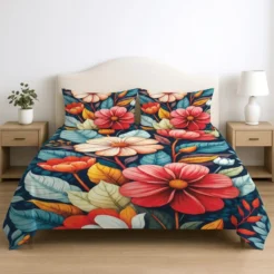Navy Blue Garden Floral Printed King Size Bedsheet – 3 Pcs