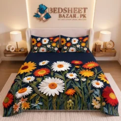 Navy Blue Multicolor Wildflower Printed Micro Cotton King Size Bedsheet Set