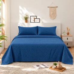 Navy Blue Textured Cotton Printed Bedsheet