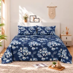 Navy Blue White Blossom Cotton Printed Bedsheet