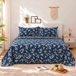 Navy Blue White Floral Cotton Printed Bedsheet