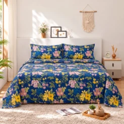 Navy Blue Yellow Floral Cotton Printed Bedsheet