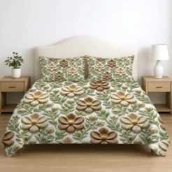 Olive Cream Floral Printed Micro Cotton King Size Bedsheet Set
