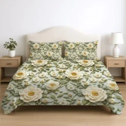 Olive Green Botanical Floral Printed Micro Cotton King Size Bedsheet Set