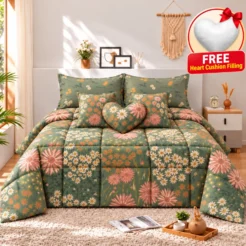 Olive Green Multicolor Daisy Floral Comforter Set (7PCs)