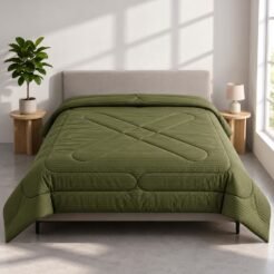 Olive Green Ribbed Geometric Quilted Pure Cotton King Size Comforter