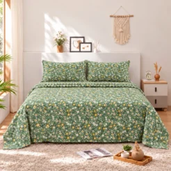 Olive Green Tiny Botanical Cotton Printed Bedsheet