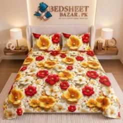 Orange Red Floral Printed Micro Cotton King Size Bedsheet Set
