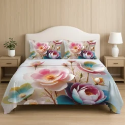 Pastel Blue Pink Blossom Printed Micro Cotton King Size Bedsheet Set