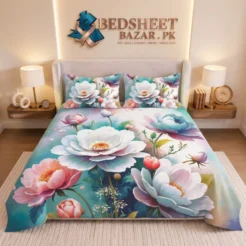 Pastel Blue Pink Botanical Floral Printed Micro Cotton King Size Bedsheet Set