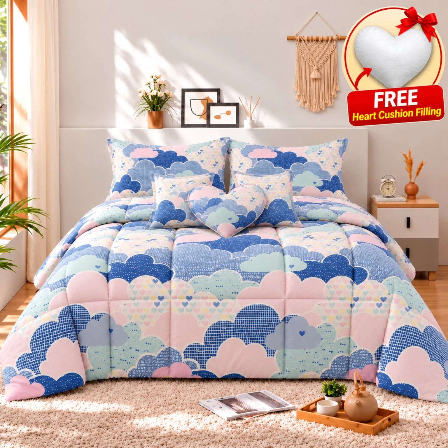 Pastel Blue Pink Cloud Print Comforter Set (7PCs)