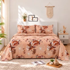 Peach Brown Vintage Floral Cotton Printed Bedsheet