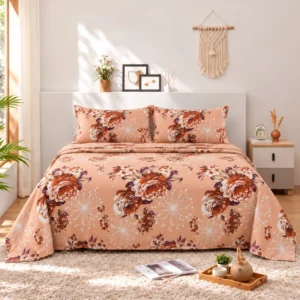 Peach Brown Vintage Floral Cotton Printed Bedsheet