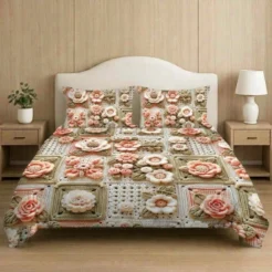 Peach Cream Patchwork Floral Printed Micro Cotton King Size Bedsheet Set