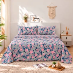 Pink Blue Mini Floral Cotton Printed Bedsheet