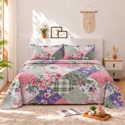 Pink Green Floral Vine Cotton Printed Bedsheet