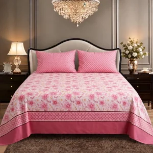 Pink Floral Border King Size Printed Bedsheet