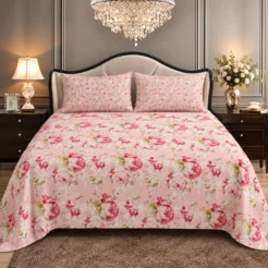 Pink Rose Garden King Size Printed Bedsheet