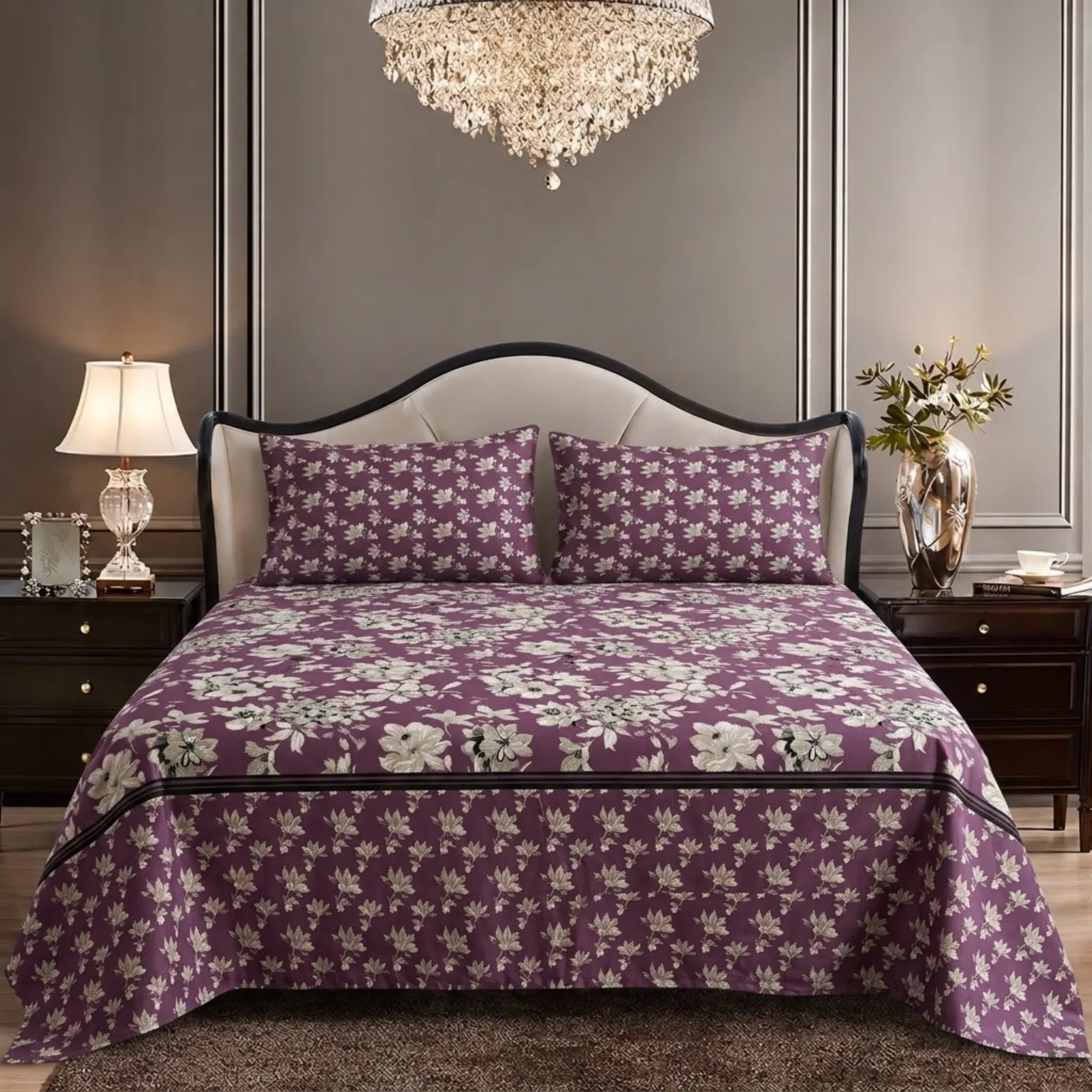 Plum White Floral Border King Size Printed Bedsheet