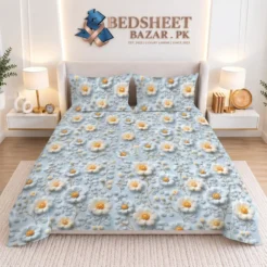 Powder Blue Daisy Floral Printed Micro Cotton King Size Bedsheet Set