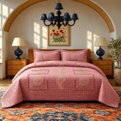 Rose Pink Ornamental Medallion King Size Quilted Bedspread Set