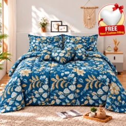 Royal Blue Beige Botanical Floral Comforter Set (7PCs)