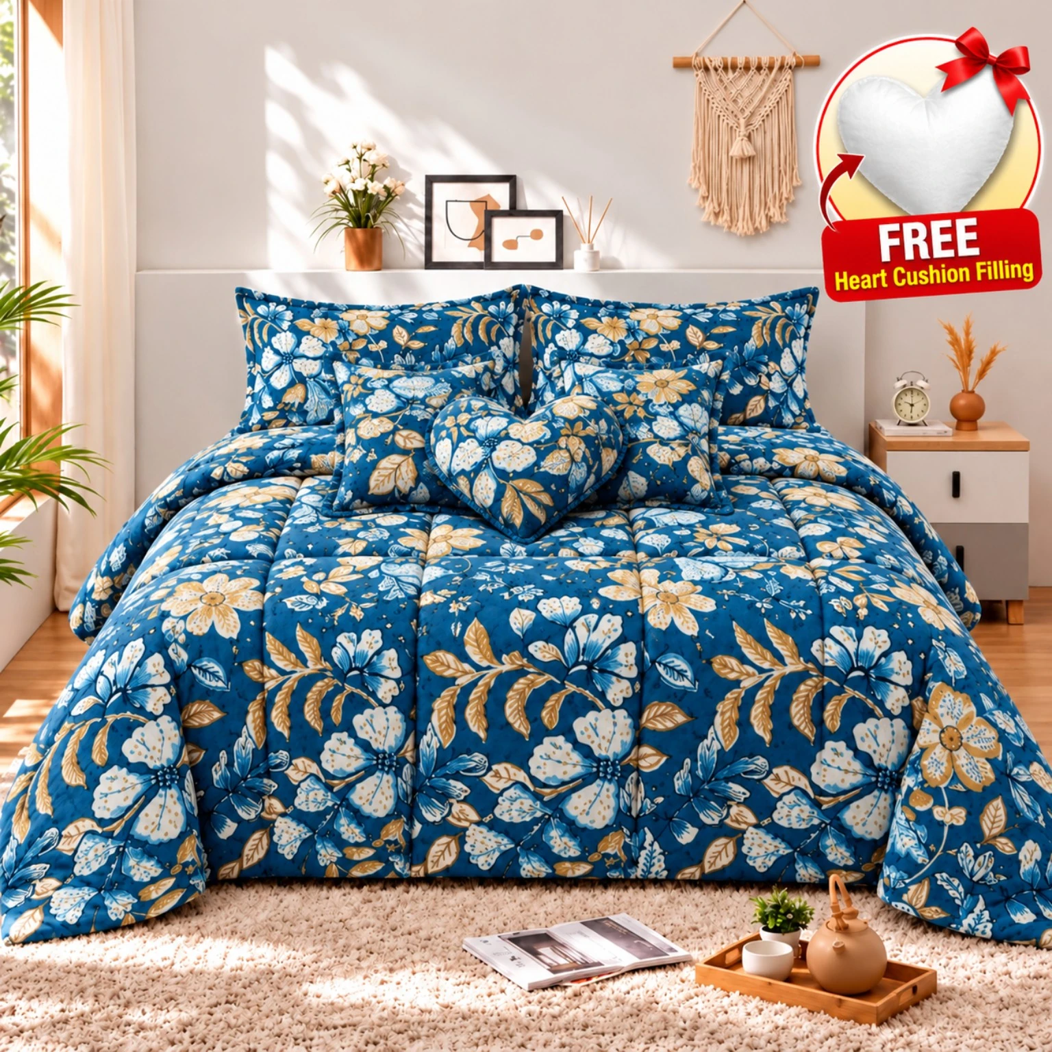 Royal Blue Beige Botanical Floral Comforter Set (7PCs)
