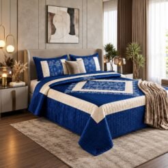 Royal Blue Quilted Velvet Bridal Bedspread Set King Size