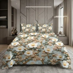 Sage Grey Botanical Floral Printed Micro Cotton King Size Bedsheet Set – 3 Pcs