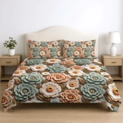 Sage Peach Floral Printed King Size Bedsheet
