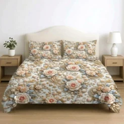 Sage Peach Patchwork Floral Printed Micro Cotton King Size Bedsheet Set
