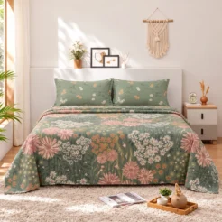 Sage Pink Rose Garden Cotton Printed Bedsheet