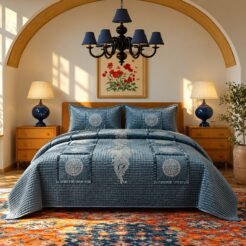 Slate Blue Silver Medallion King Size Quilted Bedspread Set