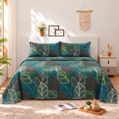 Teal Blue Abstract Leaf Cotton Printed Bedsheet
