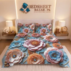 Teal Coral 3D Floral Printed Micro Cotton King Size Bedsheet Set