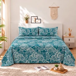 Teal Ornamental Floral Cotton Printed Bedsheet