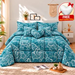 Teal White Floral Lace Comforter Set