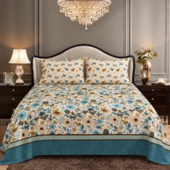 Teal Blue Floral Border King Size Printed Bedsheet