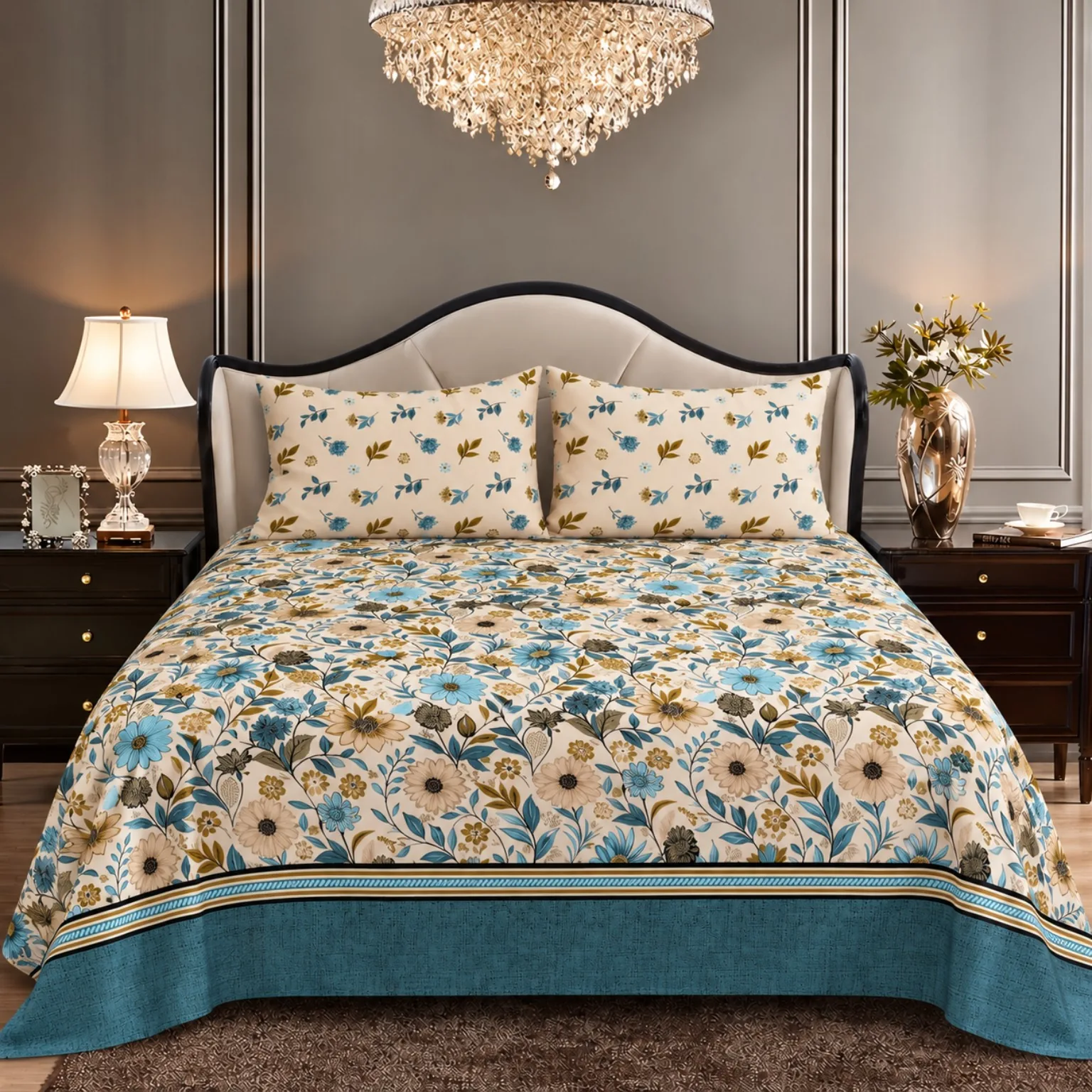 Teal Blue Floral Border King Size Printed Bedsheet