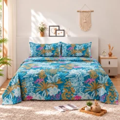 Turquoise Blue Tropical Botanical Cotton Printed Bedsheet
