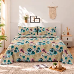 Turquoise Multicolor Floral Cotton Printed Bedsheet