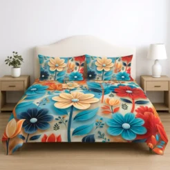 Turquoise Orange Floral Printed Micro Cotton King Size Bedsheet Set – 3 Pcs