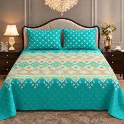 Turquoise Tribal Geometric King Size Printed Bedsheet